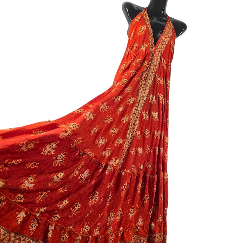 Silk Blend Halter Maxi Dress Womens OS Orange Red Boho Floral Tiered Summer